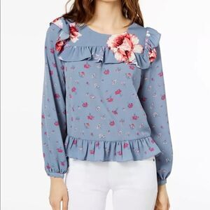 Jill Stuart floral ruffled long sleeve blue top L